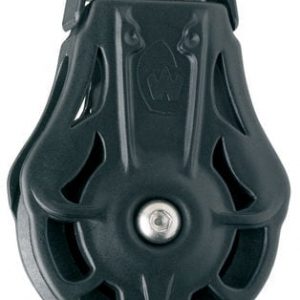 Imagen de polea simple Wichard con cabeza giratoria y gancho, ideal para maniobras náuticas.